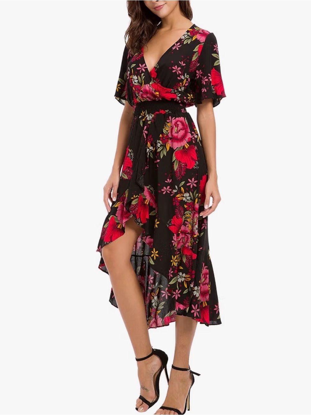 Floral stretch waist Midi Dress in Black and Red